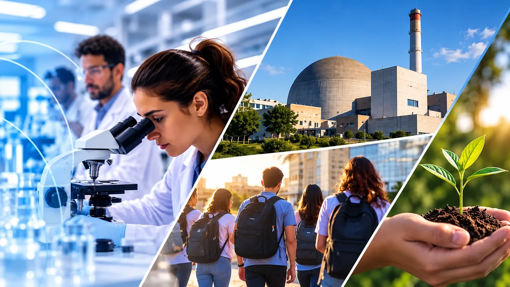 Composición de cuatro escenas: laboratorio, instalación nuclear, estudiantes y una planta sostenida entre las manos.